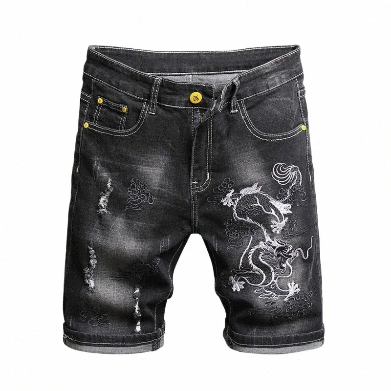 Pantalones vaqueros cortos elásticos delgados de los hombres del verano Patrón de bordado de arrastre chino Pantalones cortos de mezclilla Negro Gris Ripped Fi Shorts Hombre T59c #