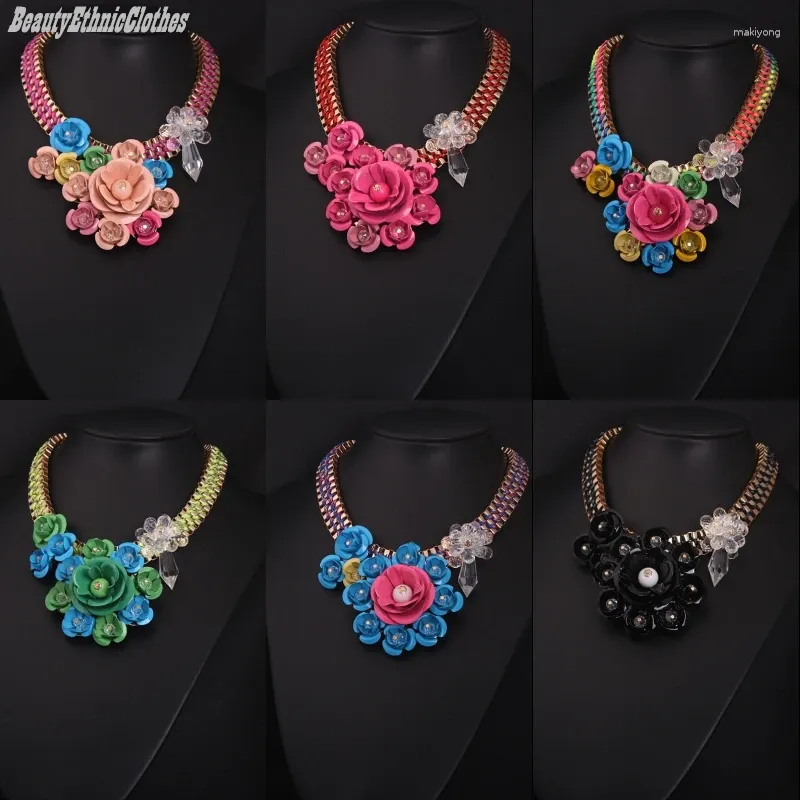 Hänge halsband färgglada plast blommor hängen halsband metall kedja mode choker boho kvinnliga damer smycken afrikanska tillbehör