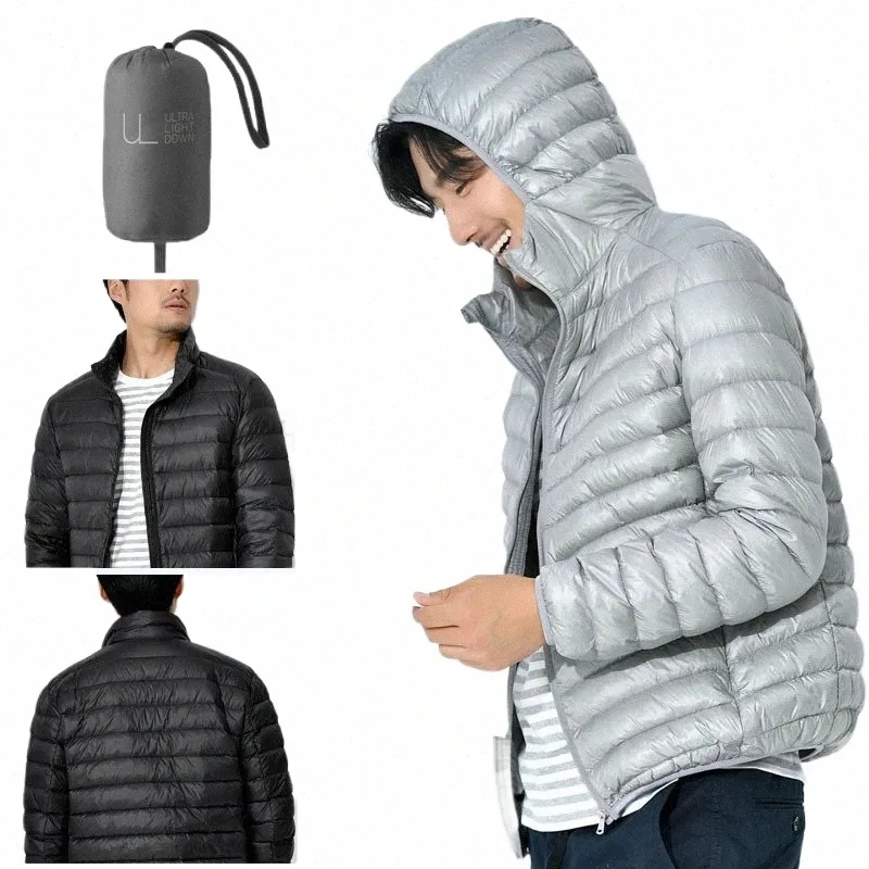 size M-5XL Fall Down Jacket Men's Short Light and Thin Busin Trend Trend Hooded Thick Warm White Duck Down Male Coat V2QC#