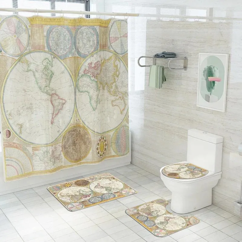 Tapis de bain rétro carte nautique, rideau de douche imperméable, ensemble de tapis antidérapant, absorbant, couverture de couvercle de tapis de toilette
