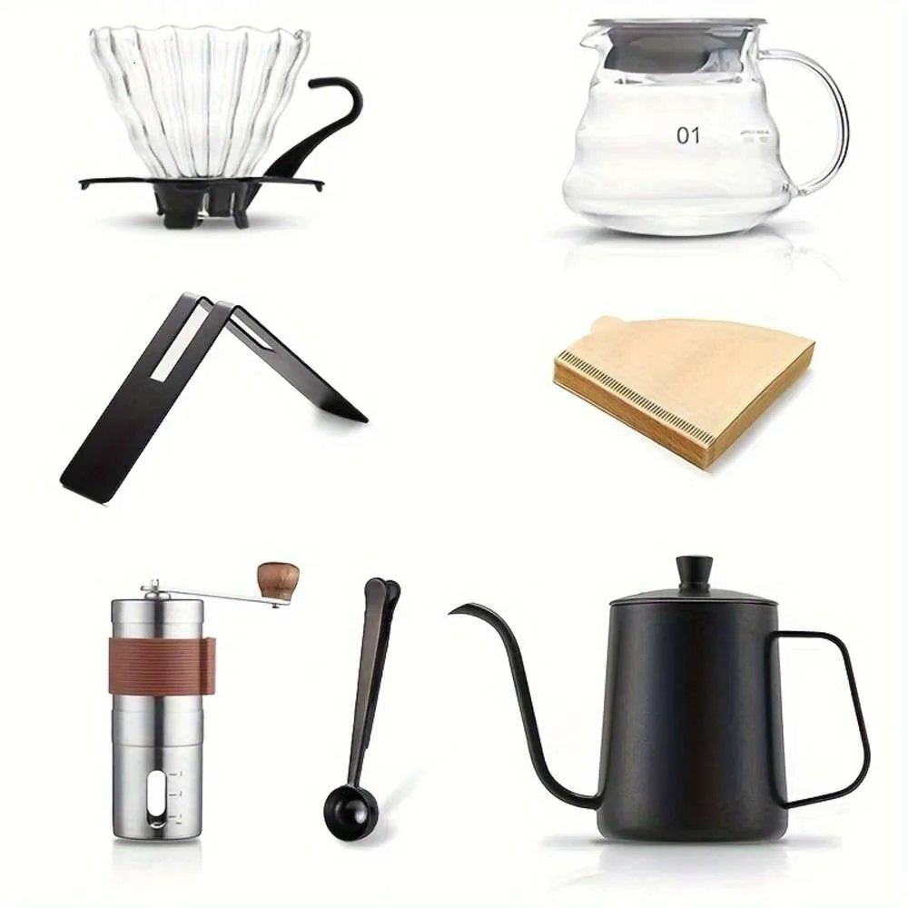 4pcs/5pcs/6pcs/7pcs Drawing Brewed Pot Set, Hand Grinder Hine, Complete Set of Small Coffee Bean Grinding Tools, Household Use