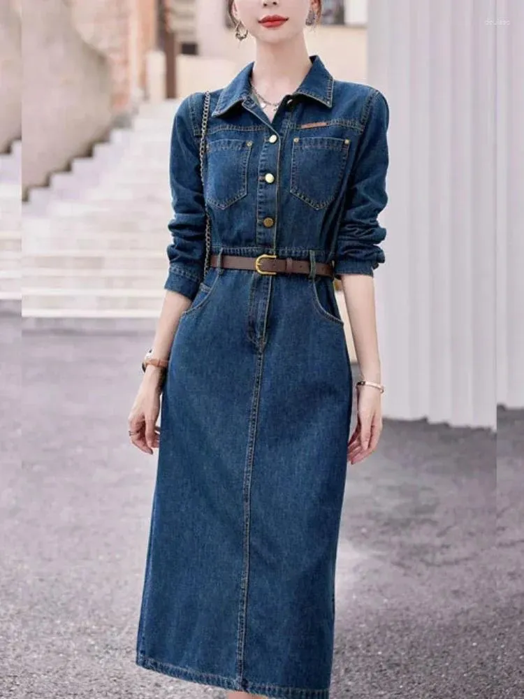 Korean Fashion Vintage Denim A Line Denim Midi Dress For Women  
