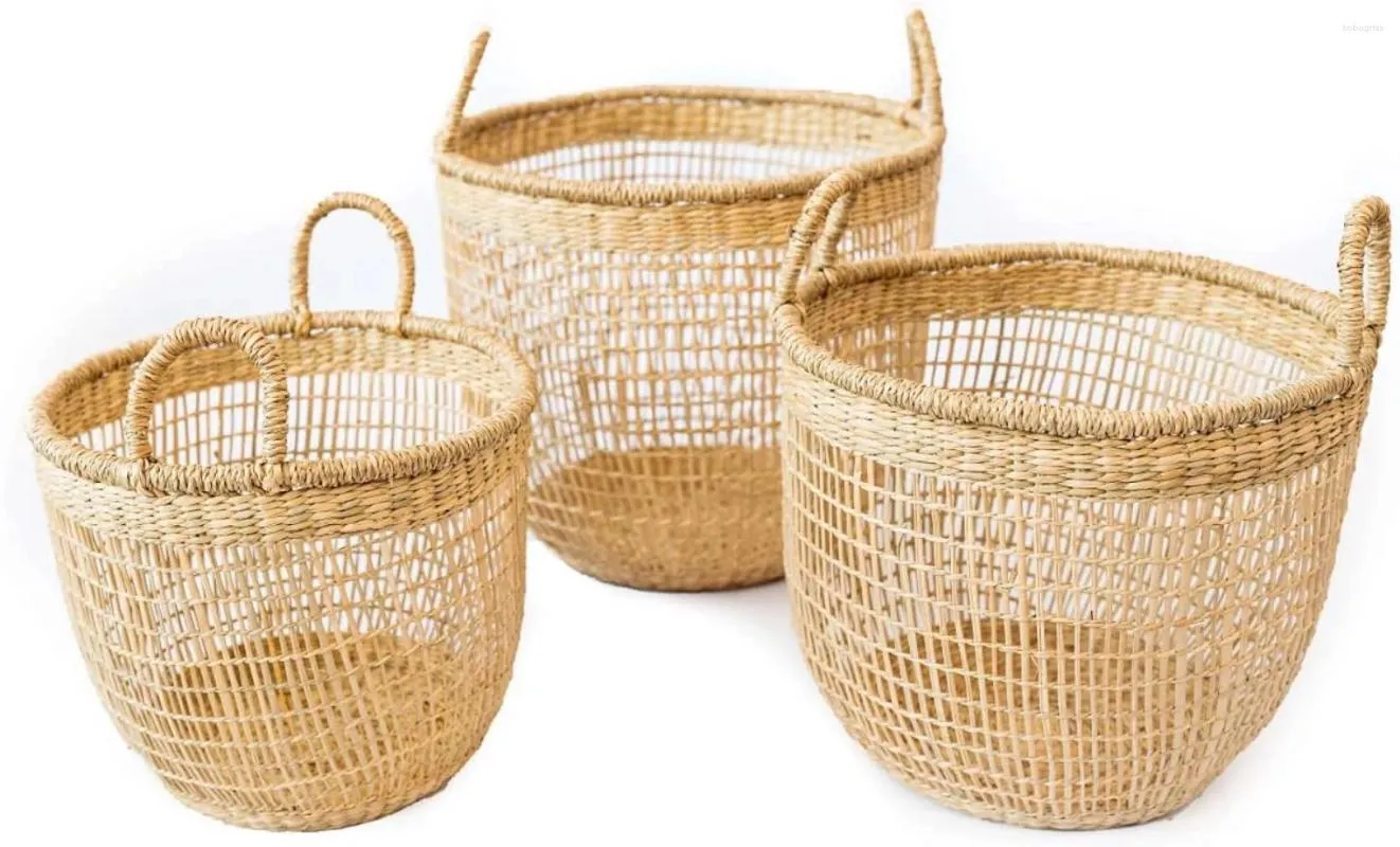 Sacs à linge Ensemble de 3 paniers en jonc de mer souples panier de rangement tissé naturel pour jardinière