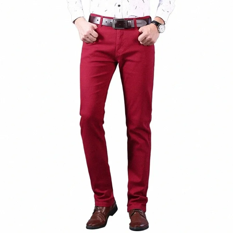 Klassisk stil Men Wine Red Jeans FI Busin Casual Straight Denim Stretch Trousers Mane Brand Pants S1XA#