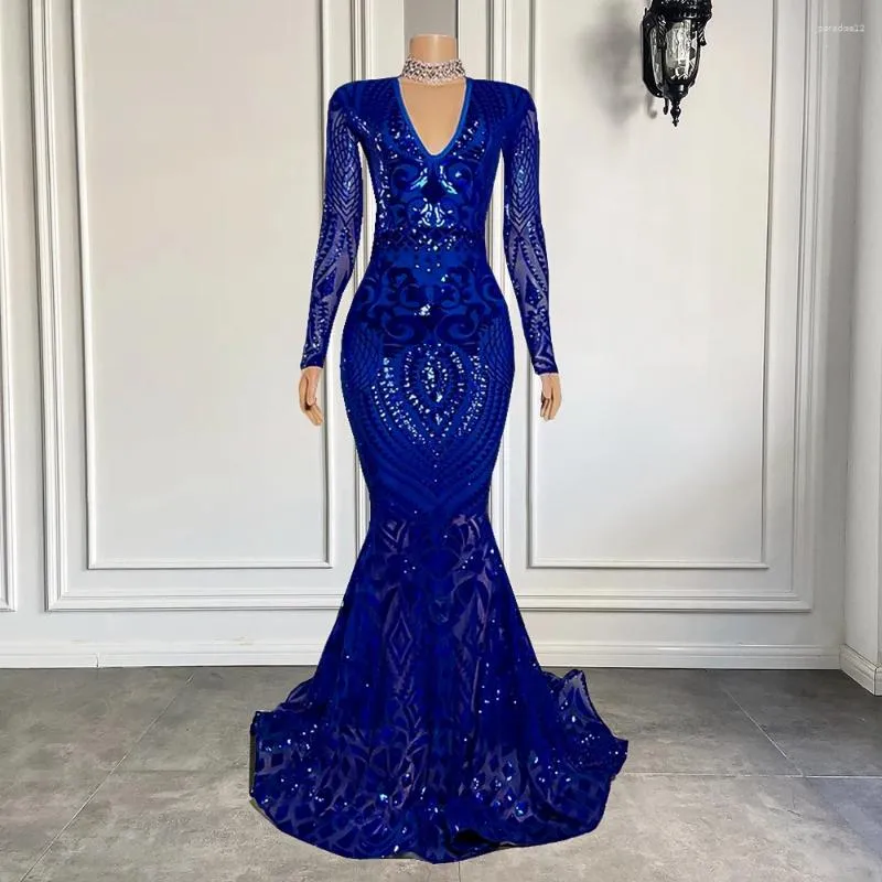 Party Dresses Long Elegant Prom 2024 Sheer Sleeve Royal Blue Sequin Mermaid African Black Girls Gowns