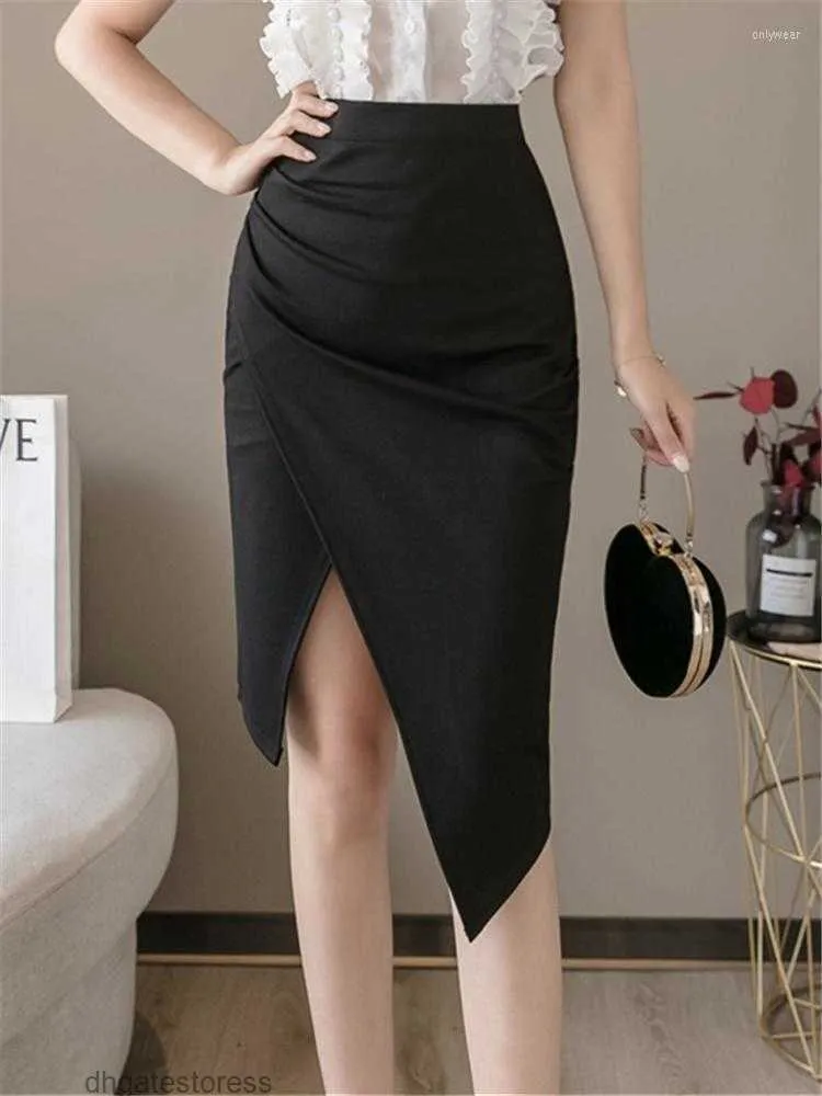 Skirts High Waist Irregular Womens Midi Wrap 2023 Spring Office Front Split Black Pencil Sheath Female