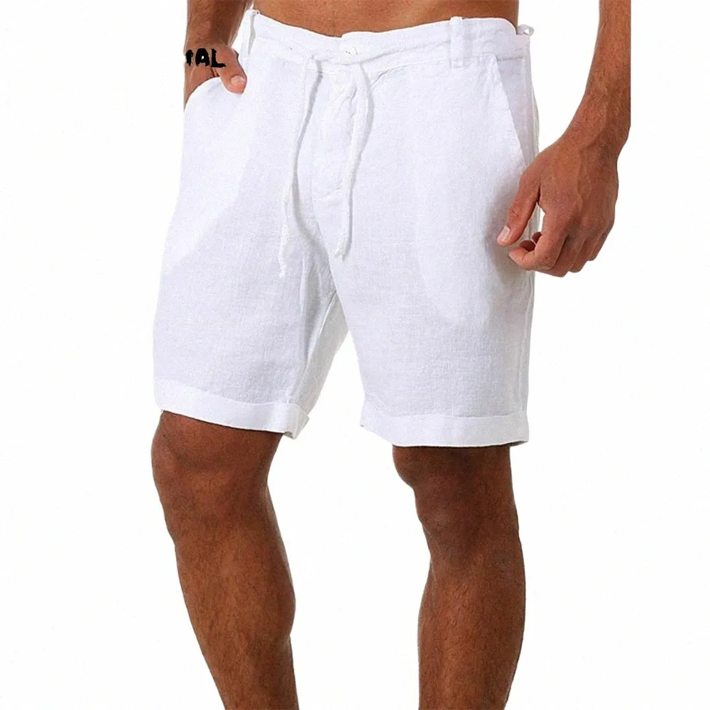 Verão masculino cor sólida calças de praia shorts homme curto casual linho ginásio homem cordão butts bottoms S-4XL 79sZ #