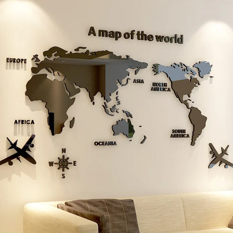Adesivos estilo nórdico mapa do mundo adesivos de parede, personalidade criativa, acrílico estéreo 3d, quarto, sala de estar, decoração de fundo do sofá