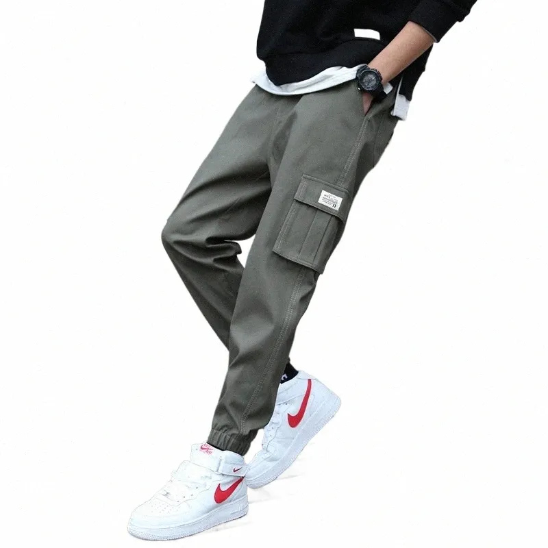 Calças de carga homens streetwear hip hop calças cintura elástica harem tornozelo comprimento preto exército verde harajuku solto casual bolso v9JM #