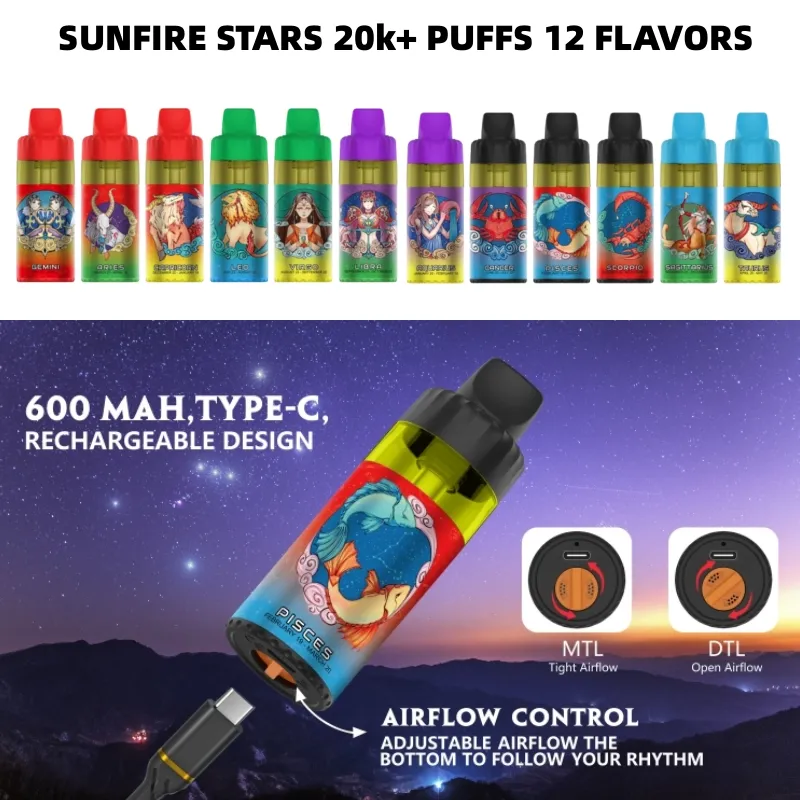 Tornado Sunfire d'origine 15000 Puffs Vape 15000 étoiles jetables Vaper 600mAh Type-C Charge 20ml 30 ml Pod préfabillée avec ejuice 12 saveurs 0mg 20mg Nic E Cigarettes