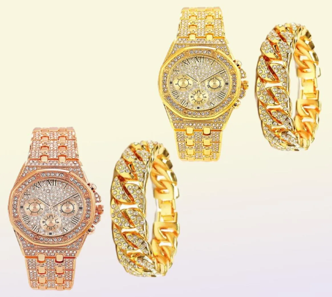 Zegarek na rękę fajną mrożoną bransoletę zegarków dla mężczyzn Kobiety Para luksusowe zegarki złote diament z kubańską biżuterią w łańcuchu