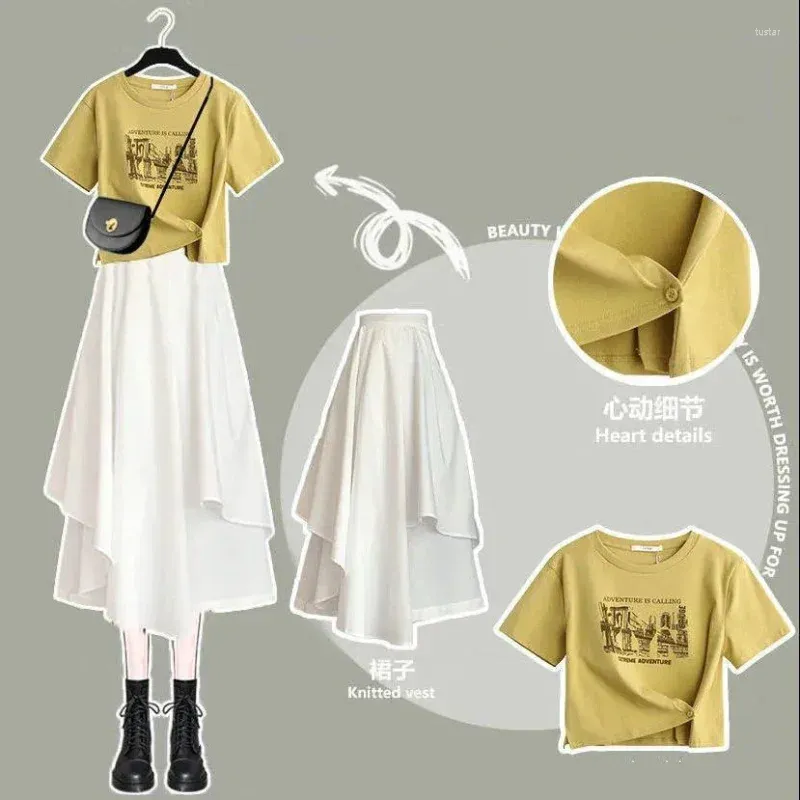 Платье из двух предметов, 2024, летний комплект, женская корейская версия, свободный дизайн, футболка с короткими рукавами, студенческая полуюбка с высокой талией