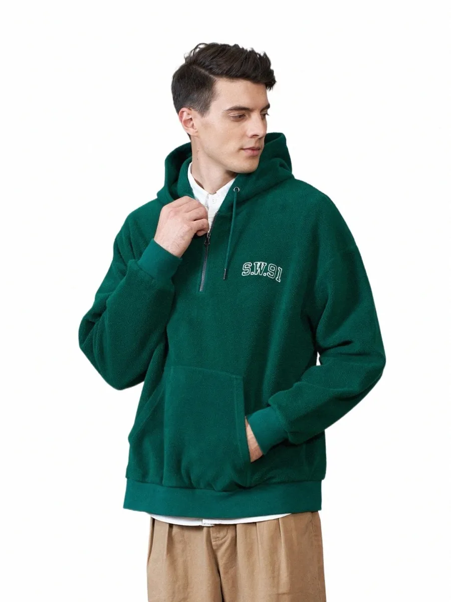 Simwood 2023 Automne Nouveaux hommes surdimensionnés Coupe ample Quarter-Zip Pull à capuche Casual Fuzzy Pile Polaire Sweat-shirts chauds E3gI #