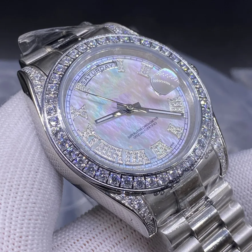 Luxury Single Ring Diamond White Pearl Men's Watch 41mm rostfritt stål Strap Automatisk datum189r