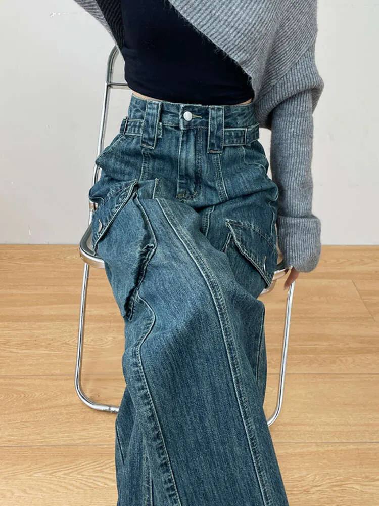 Jeans a gamba larga in stile retrò in stile americano per il design di abbigliamento autunnale femminile, in forma sciolta, abbigliamento da lavoro alti pantaloni gambe dritti