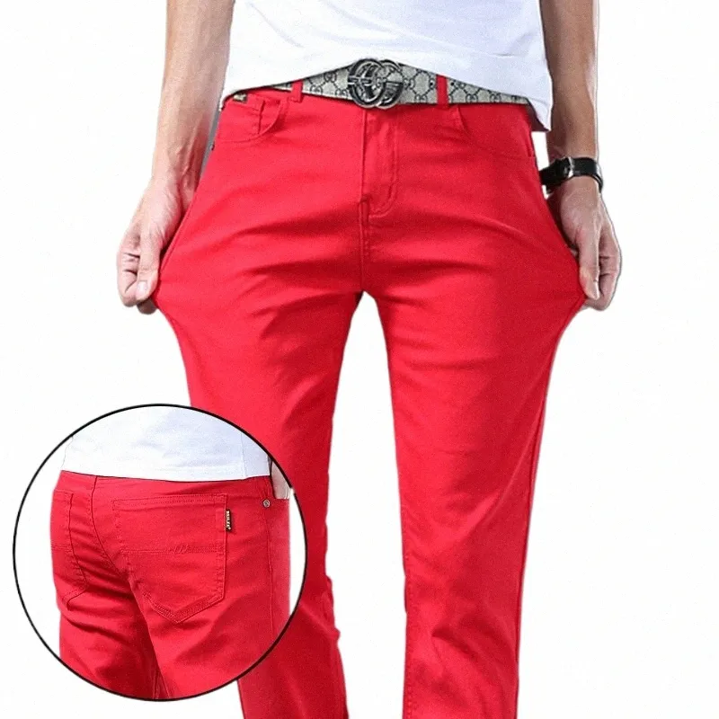 Nouveaux pantalons pour hommes Tendance Tempérament Casual Denim Jeans Élastique Droit Slim Blanc Rouge Noir Cool Pantalon pour Homme l80o #