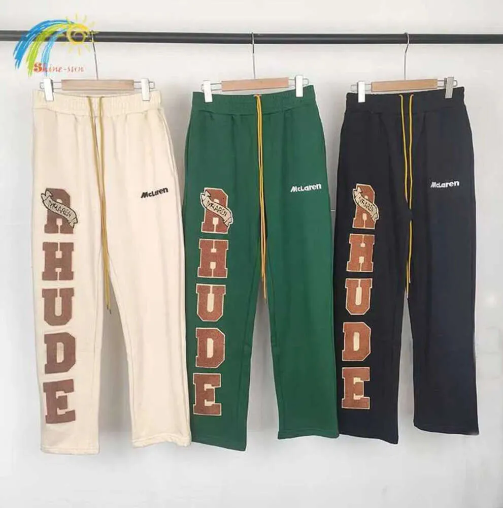 Zwart Groen Abrikoos Joggingbroek Mannen Vrouwen 1 Losse Handdoek Geborduurde Rhude Casual Broek Jogger Multi Pocket Broek12