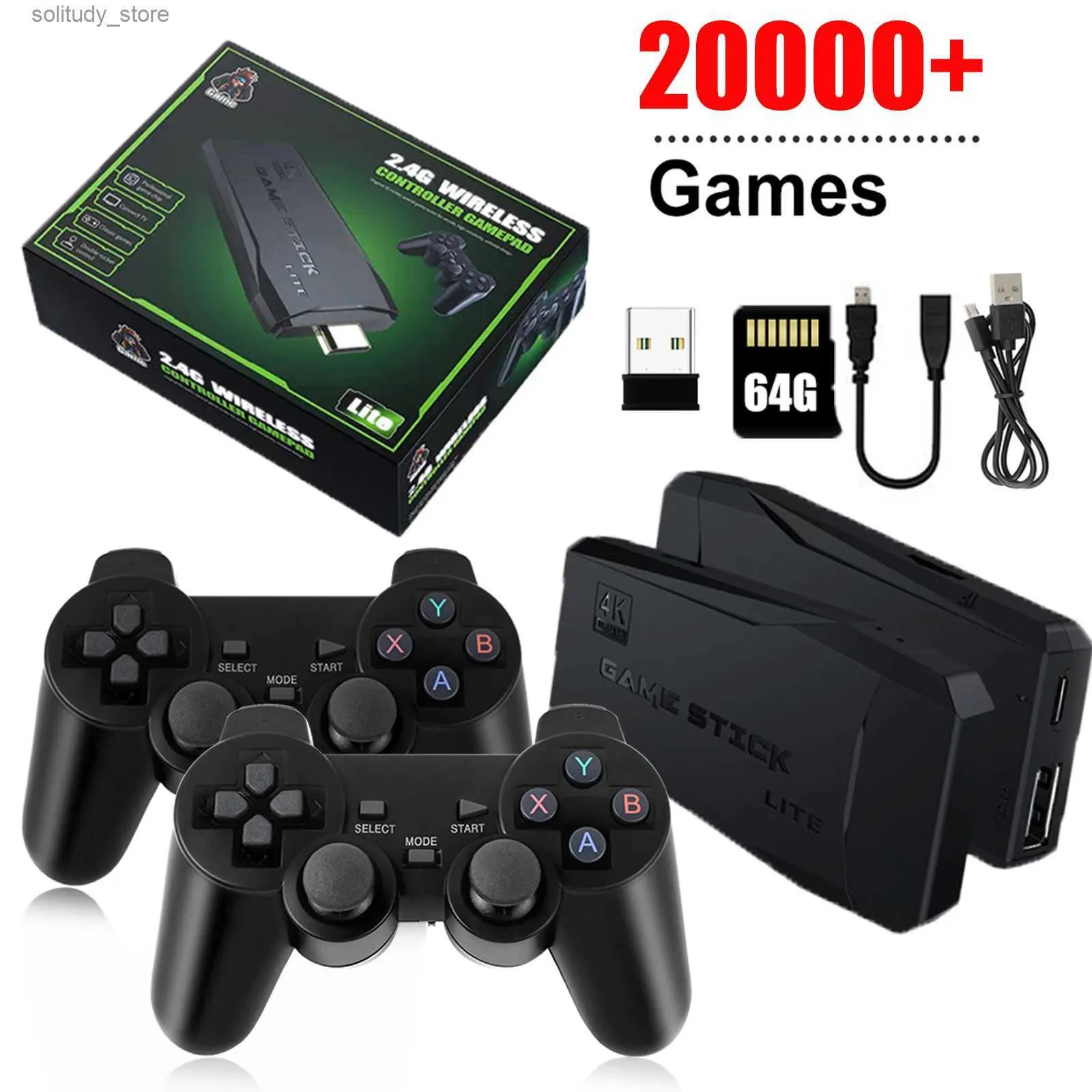 Przenośne gracze gier Konsole gier z wbudowaną 20000+Game Retro Handheld Game Player 64G 4K TV Game Stick 2.4G Bezprzewodowy Kontroler Game Q240326