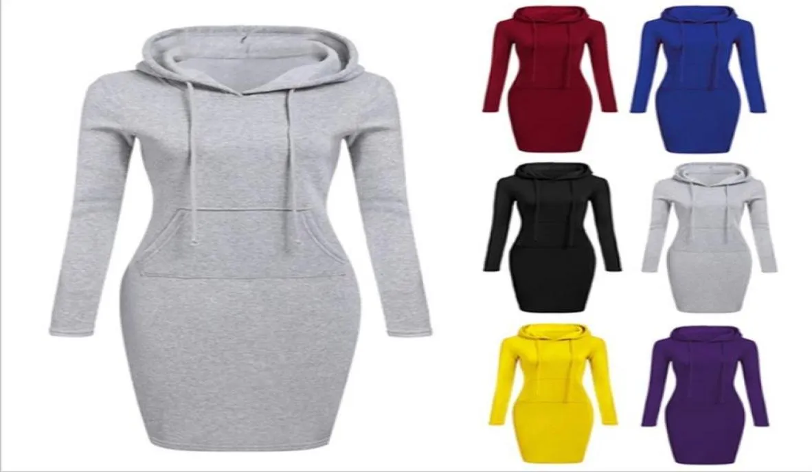 Kvinnor sover hoodie klänning knä längd casual tröjorbody klänning blyerts långärmad tröja pocket kjol bodycon tunika topp 9 colou8215902