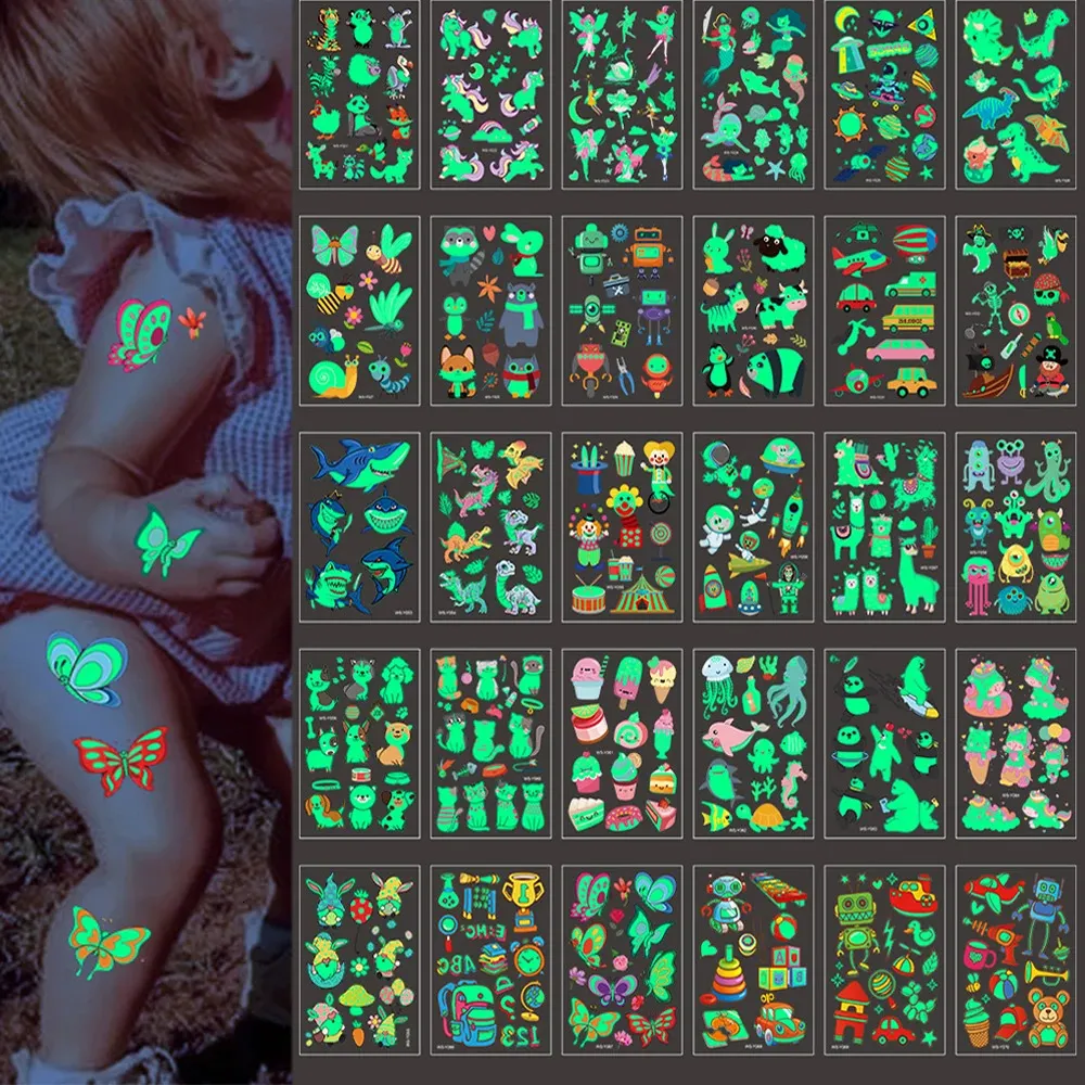 100st Luminous Night Children tillfälliga falska tatueringar Dark in Glow Animal Cartoon Robot Fairy Butterfly Space Tiger Kids Sticker 240311