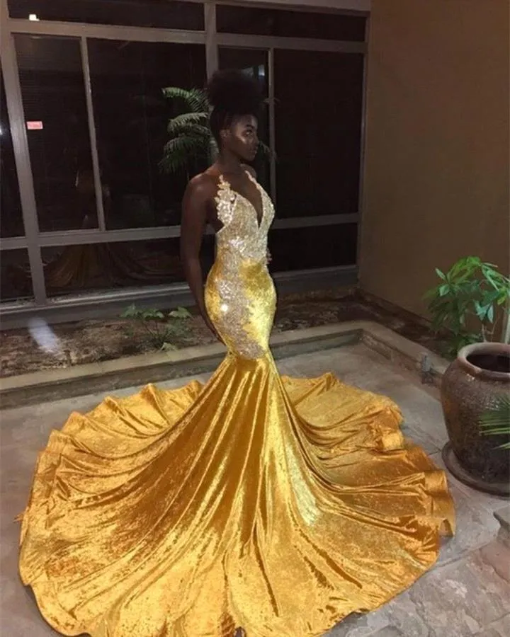 Yellow Velvet Long Mermaid Prom Dresses Black Girls' Halter Lace Appliques Backless Sweep Train Evening Gowns BC0829