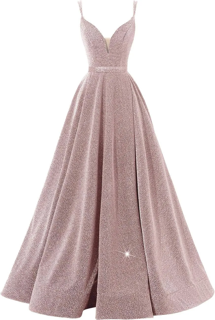 Glitter Spaghetti V-Neck Prom Dresses Long  Formal Evening Dress Y871
