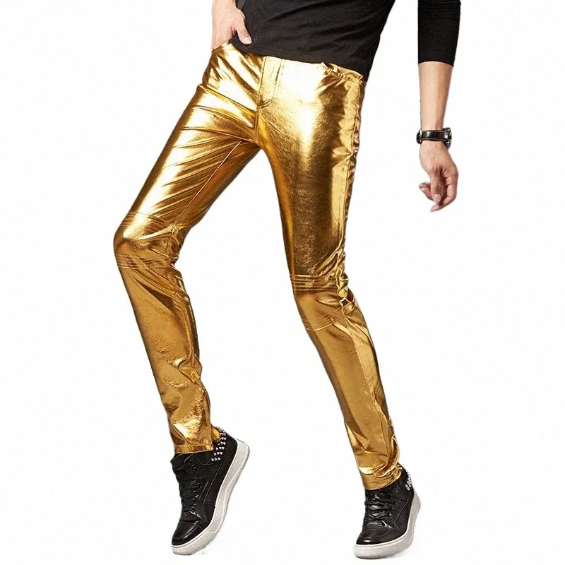 Pantaloni da motociclista in pelle metallizzata color oro da uomo Collant skinny Disco Party Halen Pantaloni Stage Dancer Prom K2bH #