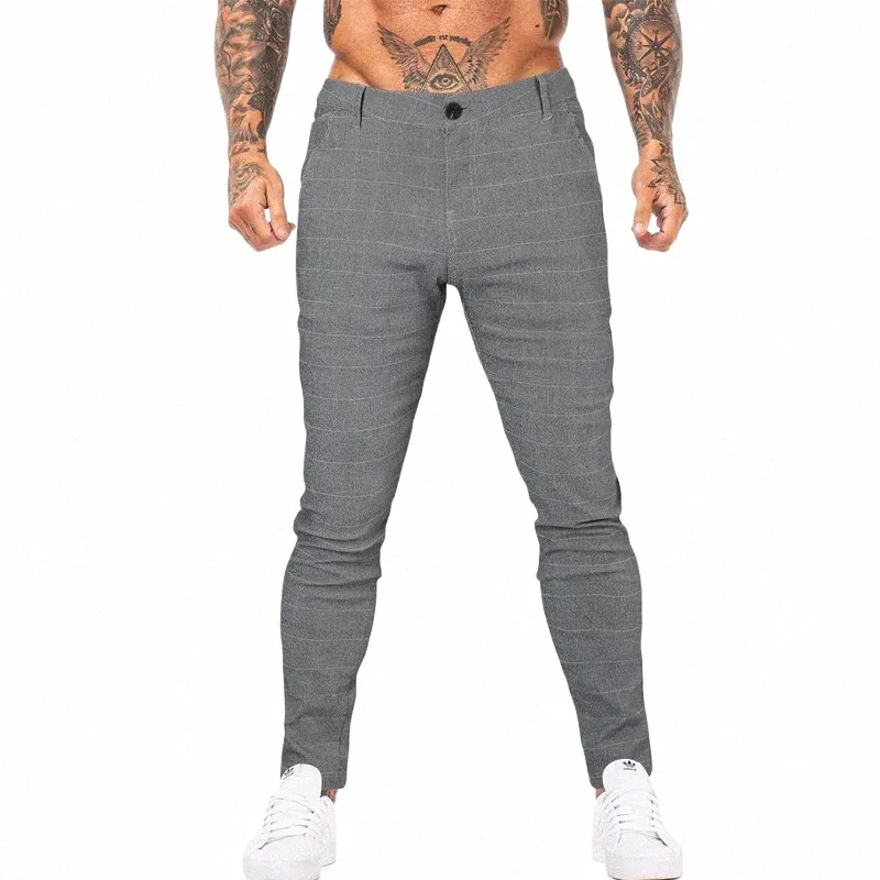 Gingtto Mens Chinos Marque Pantalon décontracté Pantalon gris à carreaux Pantalon slim Silm Fit Bande latérale extensible Grande taille Nouveautés 2022 12V1 #