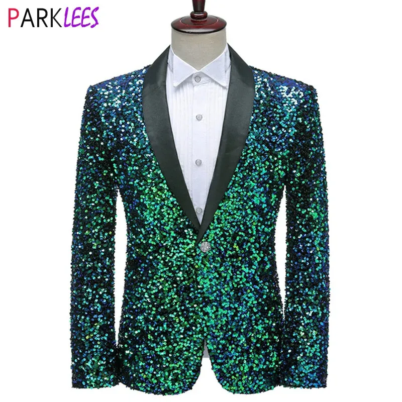 Блестящие зеленые блестки Bling Glitter Blazer Men Shable воротник с одним пуговица