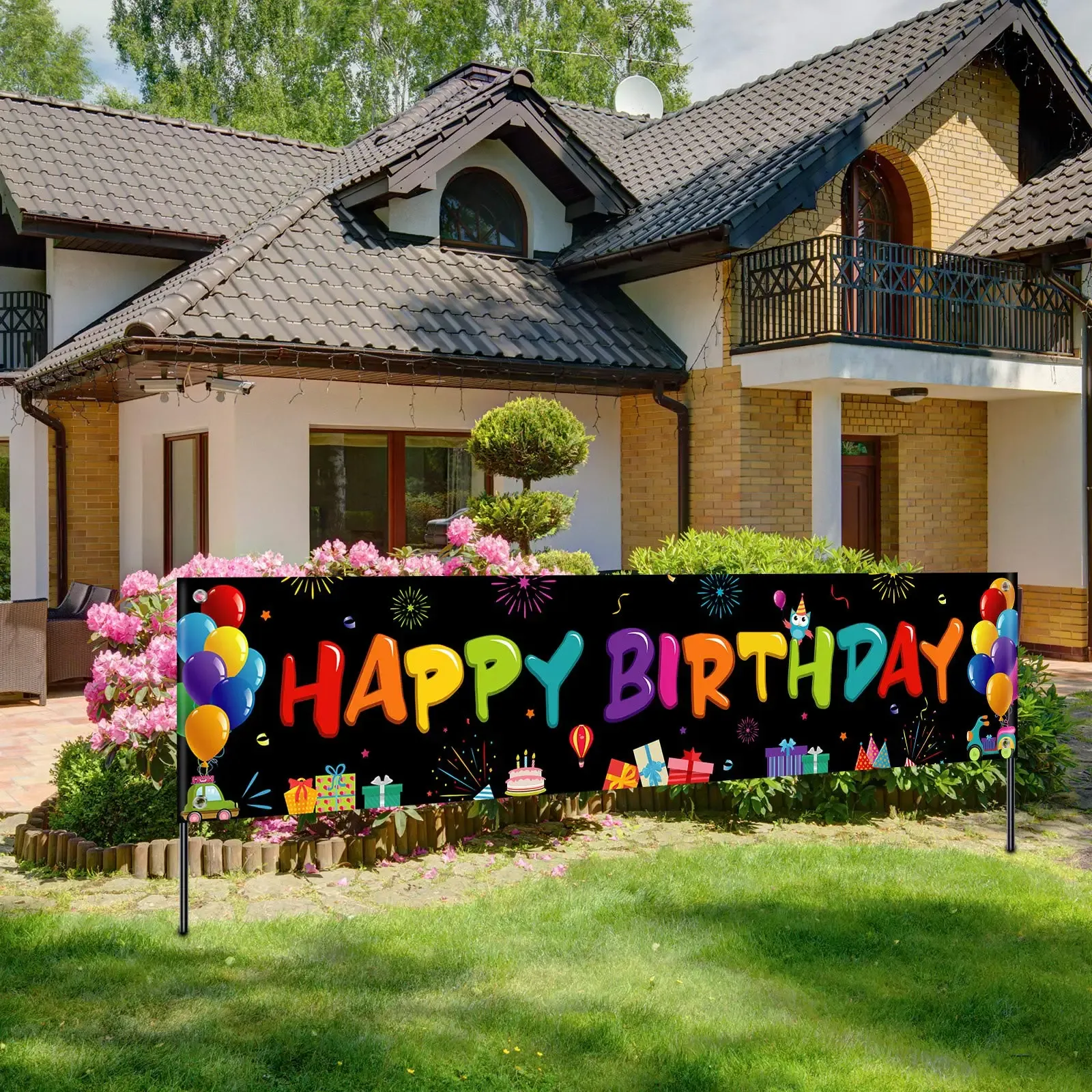 Tillbehör Happy Birthday Banner Colorful Balloons Sign Yard Birthday Decoration Party Supplies Banners Gift To Girl Boy Kids Women Män