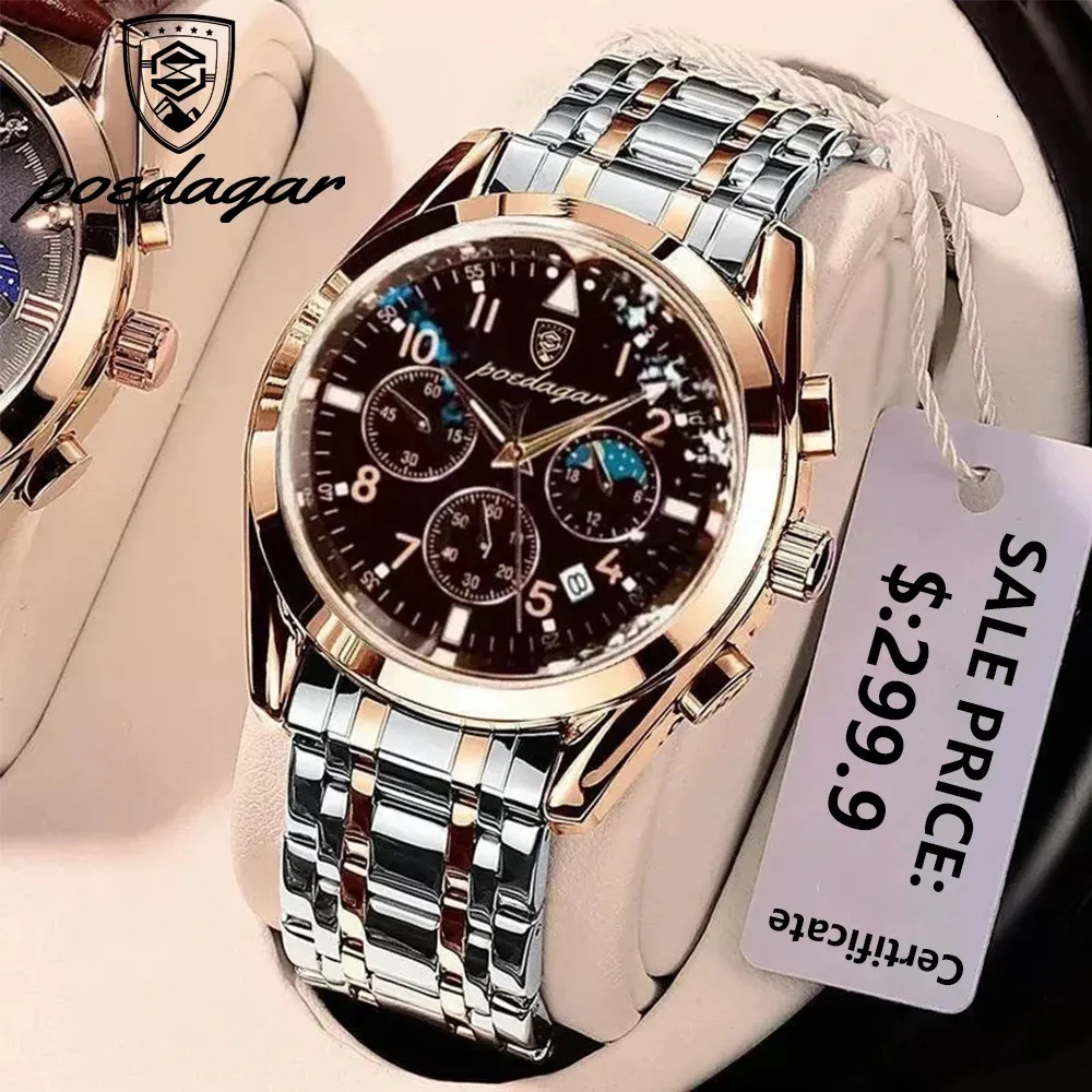 POEDAGAR hommes montre de luxe affaires montres à Quartz en acier inoxydable bracelet de tache Sport chronographe hommes montre-bracelet étanche lumineux 240311
