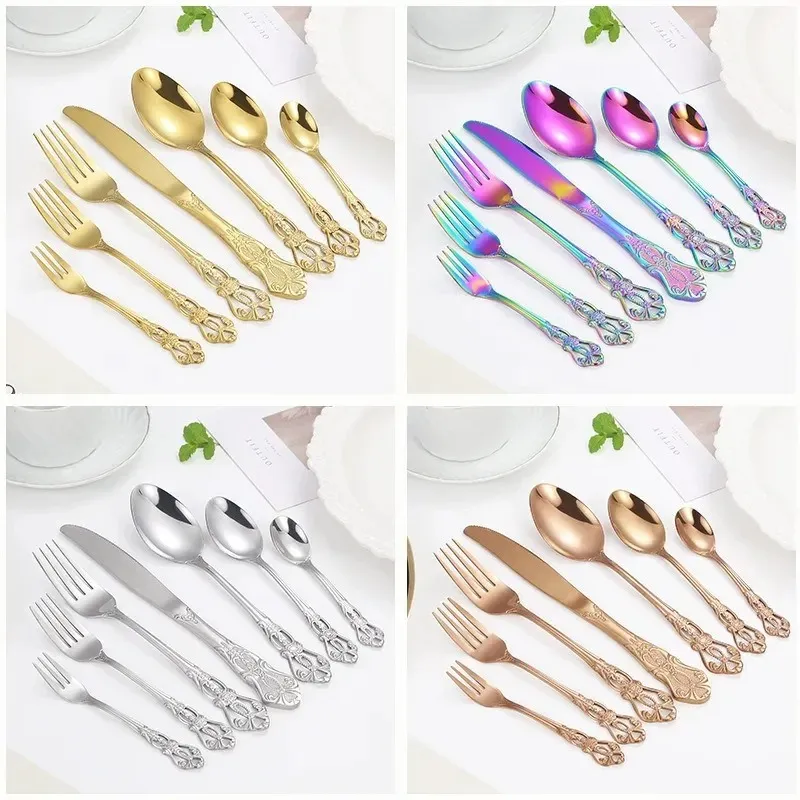 4pcs Gold Couvreries Set European Style Spoon inoxyd-inoxyd-in-fork Royal Steak Steak Retro Hollow Design Dingewread Set Home Decor