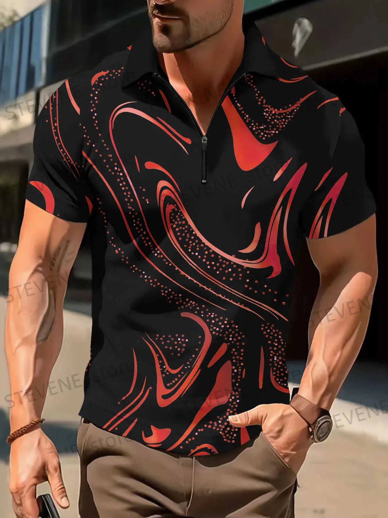 T-shirt da uomo Polo da uomo Fantasie colorate Casual T-shirt corta a manica lunga Maschile Top traspirante Colletto rovesciato con cerniera Polo Abbigliamento uomo T240325