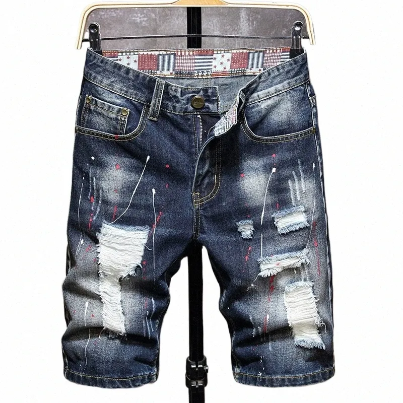 herr graffiti rippade korta jeans 2023 sommar ny fi casual smal stor hål retro stil denim shorts manliga märke kläder v8cu#
