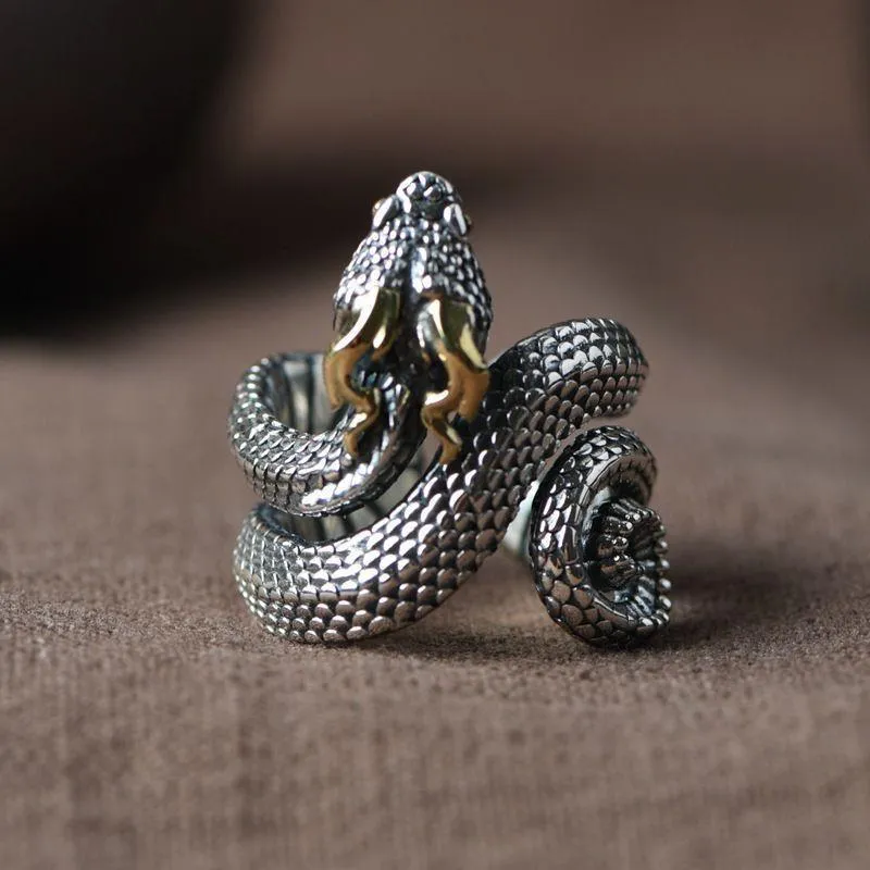 Nischdesign Snake Ring, Retro 925 Ring, Zodiac Snake tredimensionell design, herrring, Metal Snake Realistic Smyckes