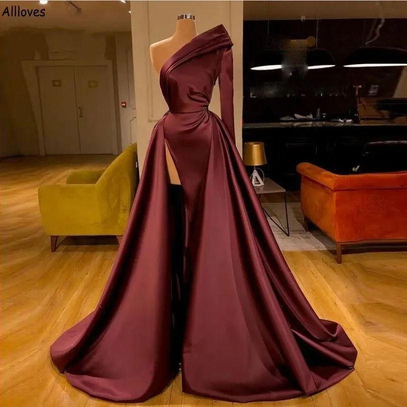 Borgonha cetim médio oriente sereia vestidos de baile com trem destacável um ombro coxa alta divisão manga longa vestidos de noite árabe aso ebi formal festa wear