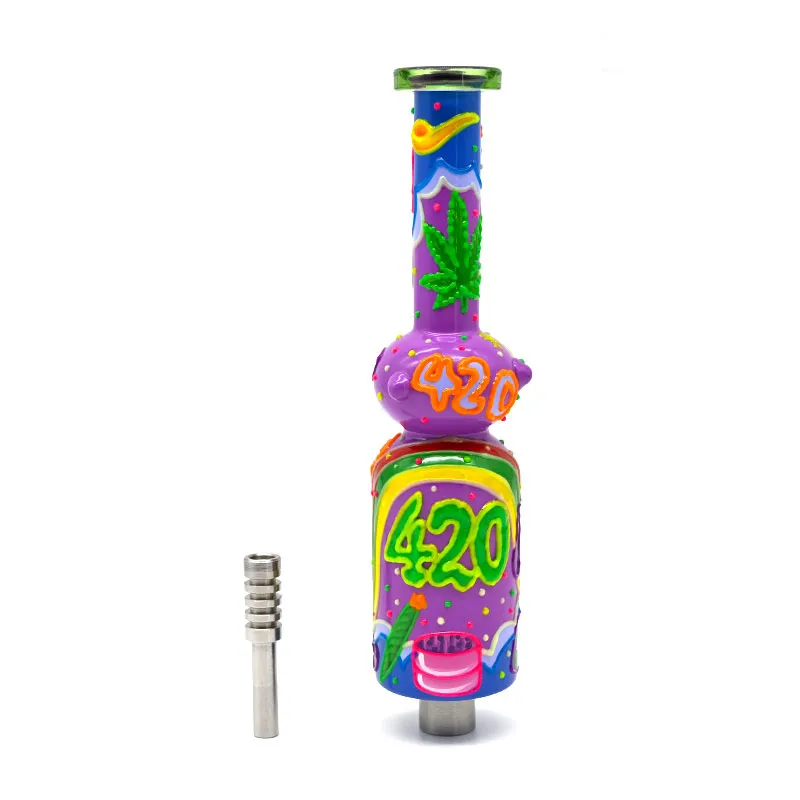 10 pollici, bong in vetro con tema 420, fosforescente, pipa ad acqua in vetro borosilicato con un percolatore, kit NC colorato in vetro raccoglitore di nettare, accessori fumatori