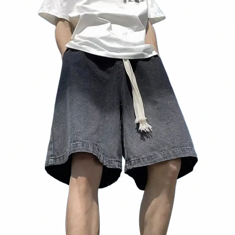 Homem coreano calças de brim curtas para homens com bolsos homem denim shorts carga baggy novo na tendência corte 2024 retro luxo fino venda m1EQ #