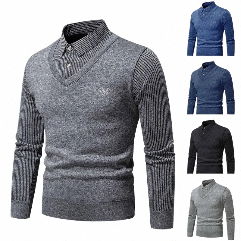 autumn and Winter New Men's Fake Two Piece Sweater with Fleece and Slim Fit Polo Collar Knitted Bottom Shirt Thickened and Warm r0TW#