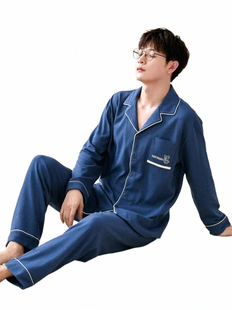 Men Cott Pyjamas Spring och Autumn M Underwear Blue Boys Homewear Casual Comfort Suit Men's Gifts Par Qans B2SC#