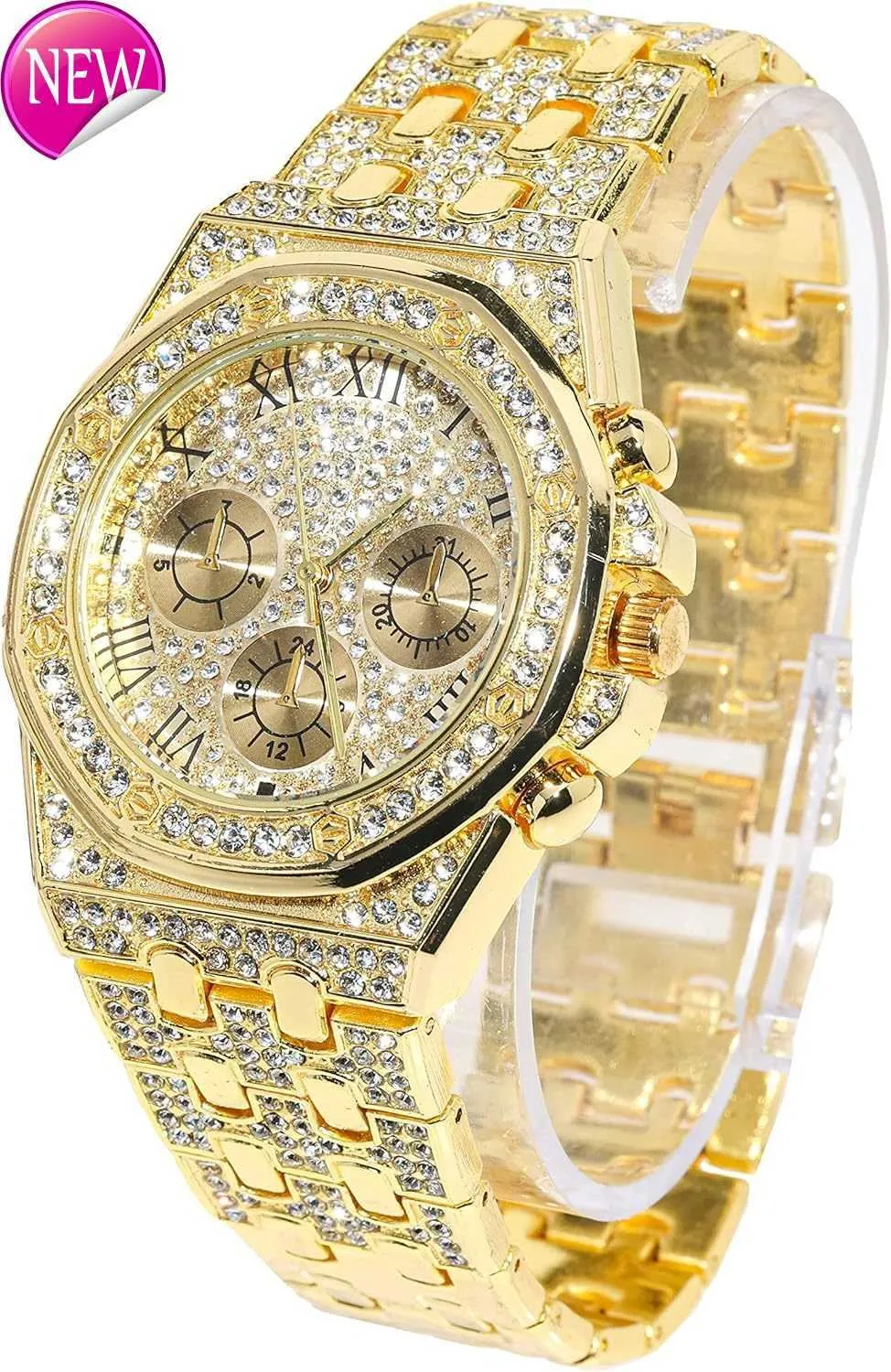 Halukakah Diamantvergoldete Herrenuhr, 18 K echtes Gold, Platin beschichtet, 40 mm breit, ideR omanD igitald ialQ uartzw ristband2 213 cm mit Cu BanChain 20 32 cm, 4572 cm, Halsband aceB