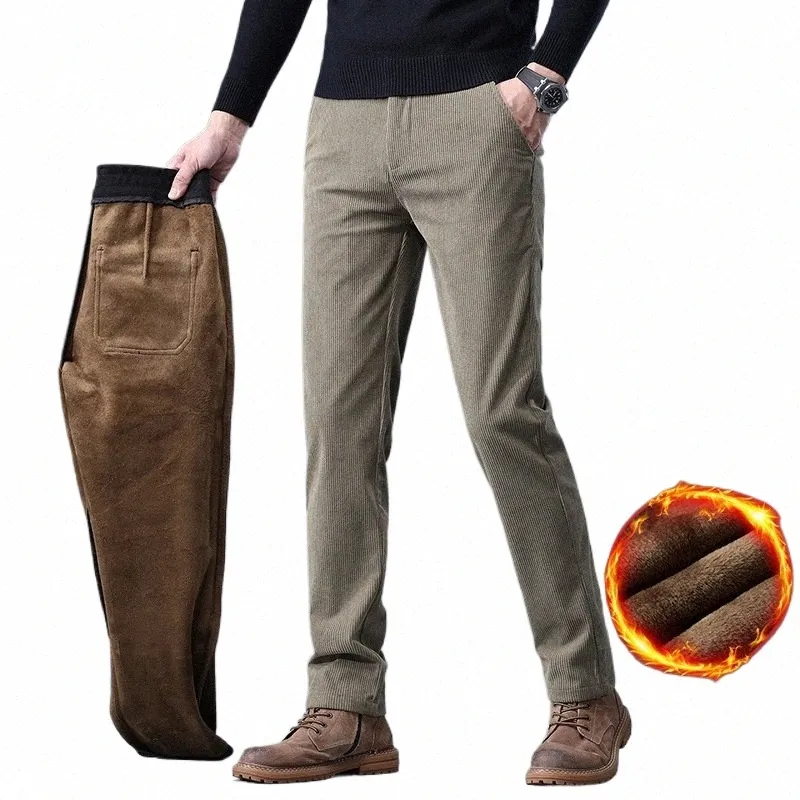 2023 Men Thermal Winter Snow Warm Plush Pants Men Busin Loose Straight Corduroy Casual Pants Men Fleece Thick Lg Trousers z77B#