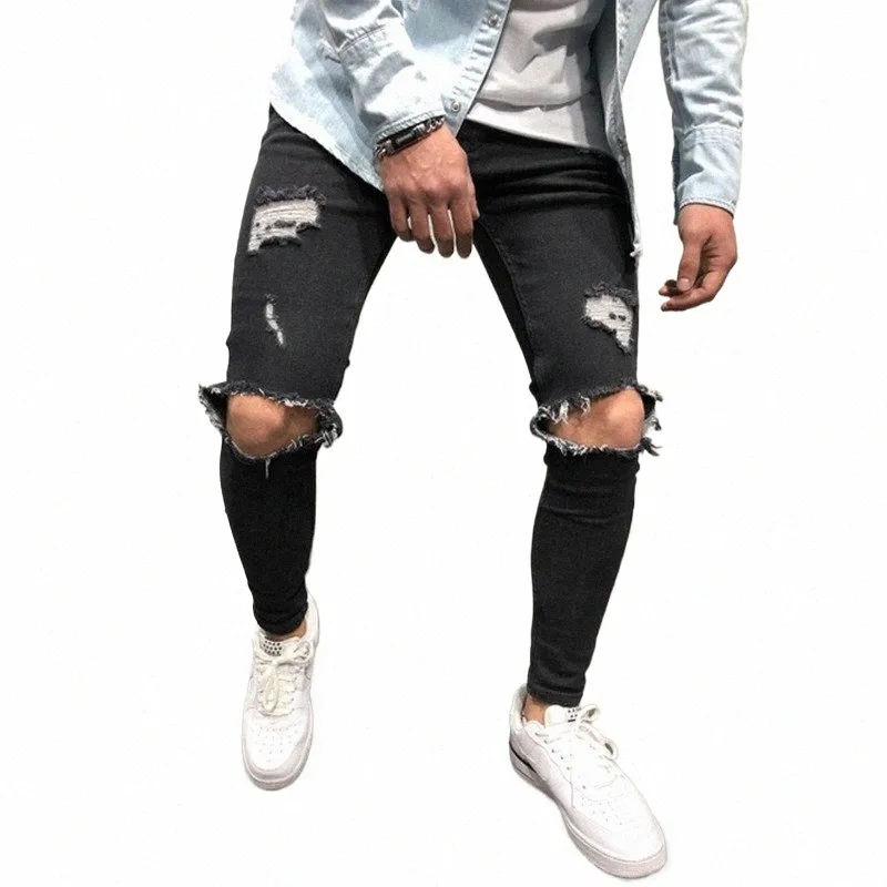 Jeans da uomo Streetwear Ginocchio strappato Skinny Hip Hop Fi Pantaloni con foro estruso Tinta unita Pantaloni maschili elasticizzati casual in denim B7CA #