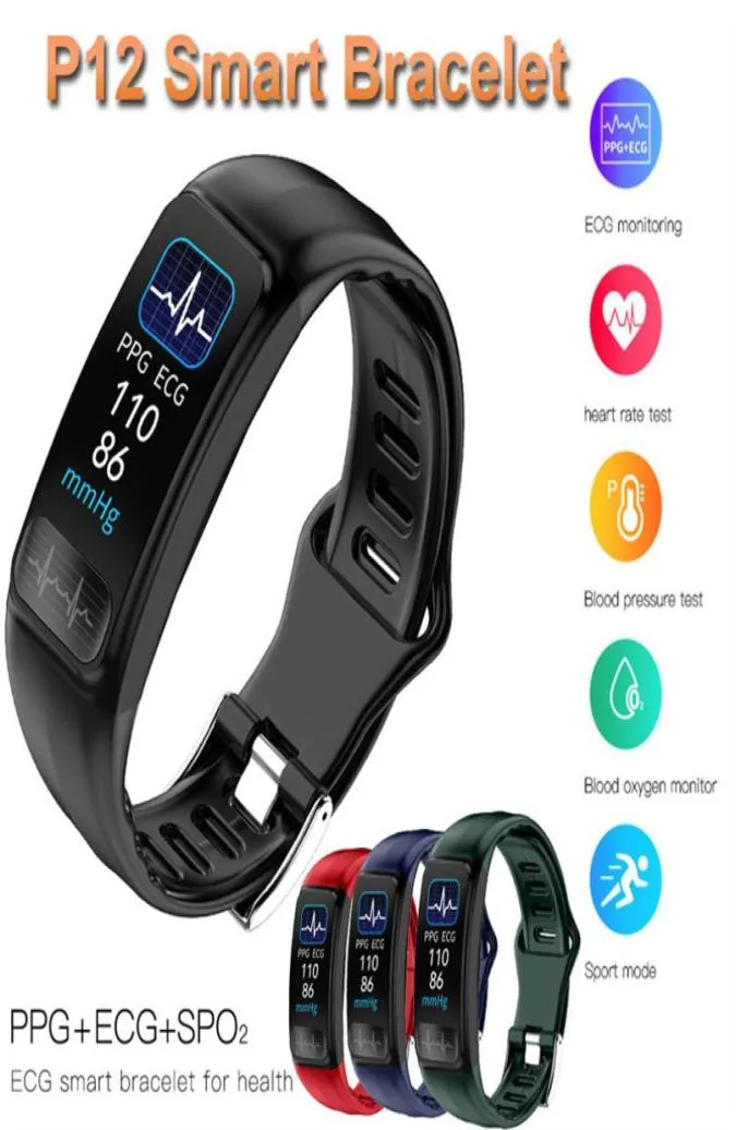 P12 ECG PPG SPO2 smart bracelet heart rate oxygen monitor blood pressure smart belt IP67 waterproof call reminder sports ventilato6949880