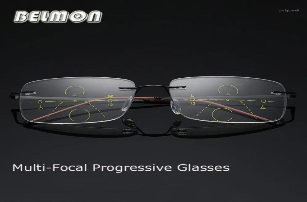 Solglasögon Belmon Multifocal Progressive Reading Glasses Män Kvinnor Rimless Presbyopic Male Diopter Gueglasses 1015202534550389