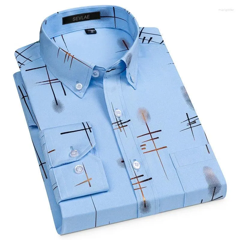 Camisas casuais masculinas impressas camisa de manga longa negócios respirável não-ferro moda xadrez azul branco fino ajuste coreano chemise homme