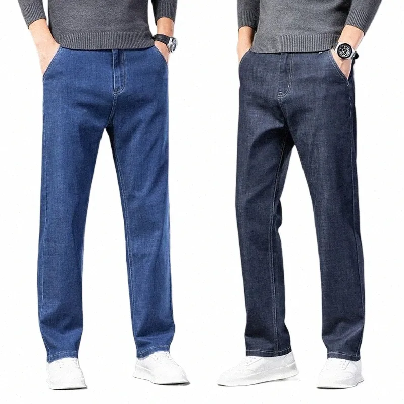 Nouveau automne bleu foncé hommes lâche busin jeans décontractés style classique coupe droite stretch-denim pantalon mâle marque pantalon E5JM #