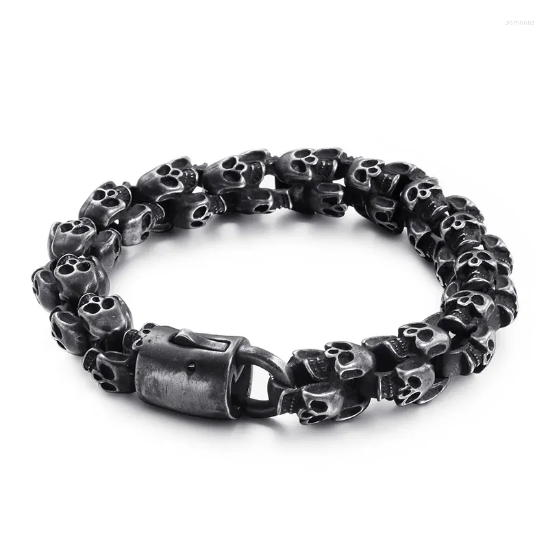 Charme pulseiras moda na moda retro legal masculino todo esqueleto cor de aço inoxidável muitas jóias de corrente de crânio