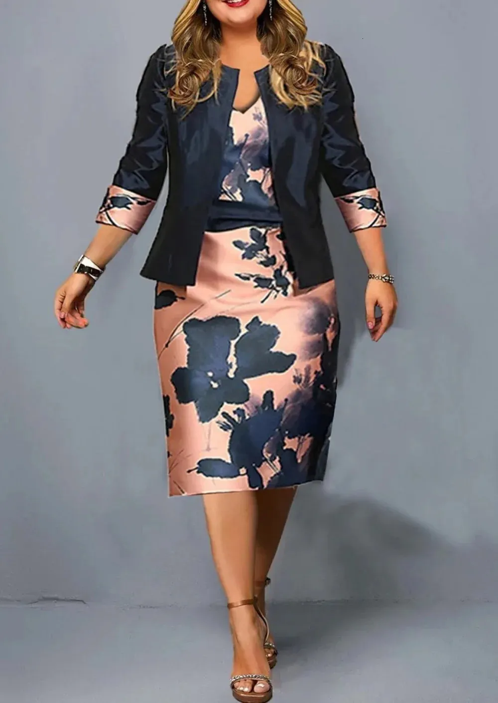 Plus size outono moda impressão duas peças conjunto feminino manga longa terno casaco envolto hip lápis vestido elegante conjunto de duas peças 240315