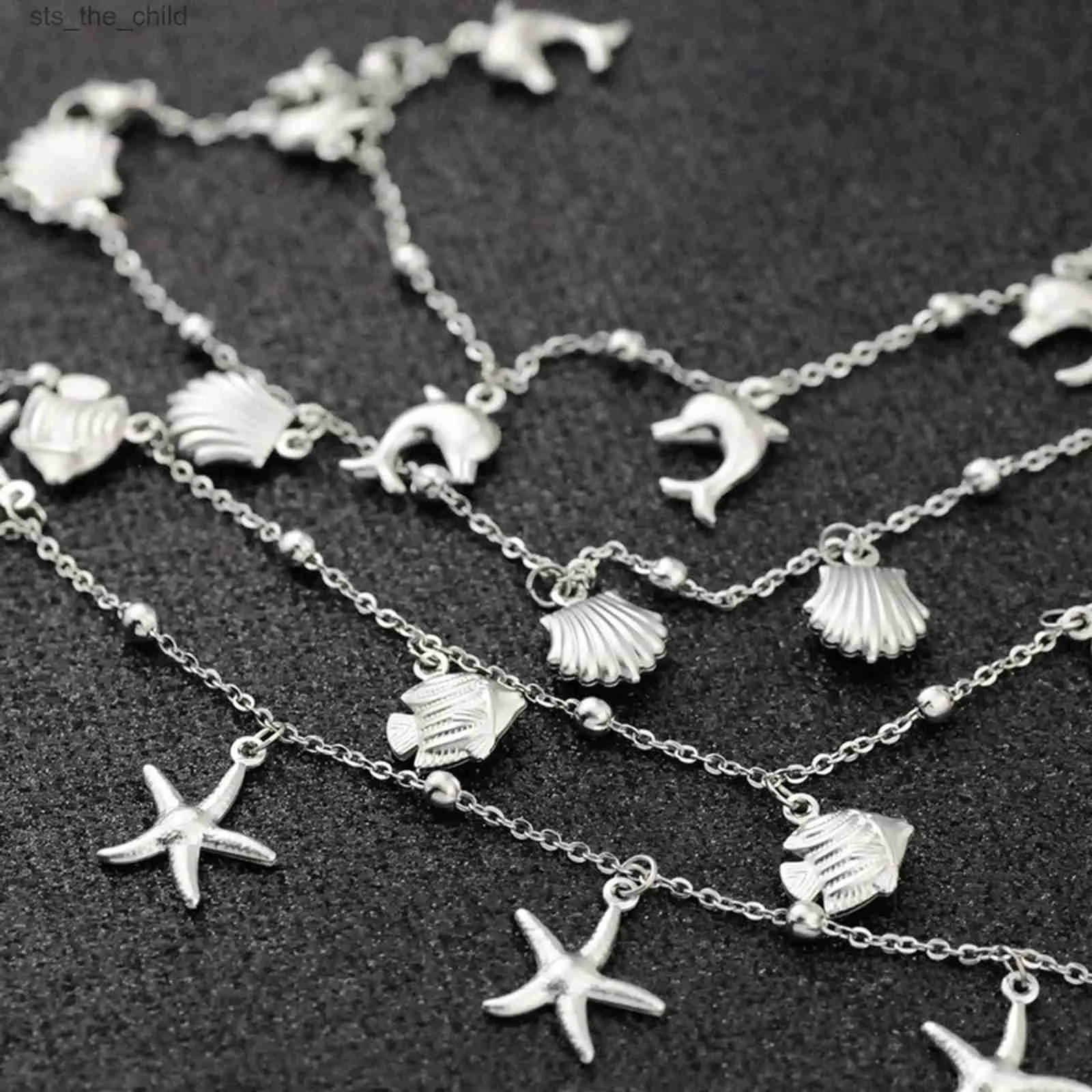 Anklets 1 stainless steel shell star dolphin ankle bracelet silver ocean hanging chain ankle bracelet womens summer beach barefoot sandals jewelryC24326